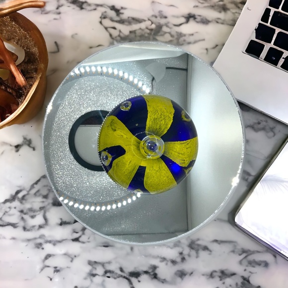 Vintage Round Art Glass Ball Paperweight Cobalt/Yellow Flower 3.5” tall - Picture 2 of 5